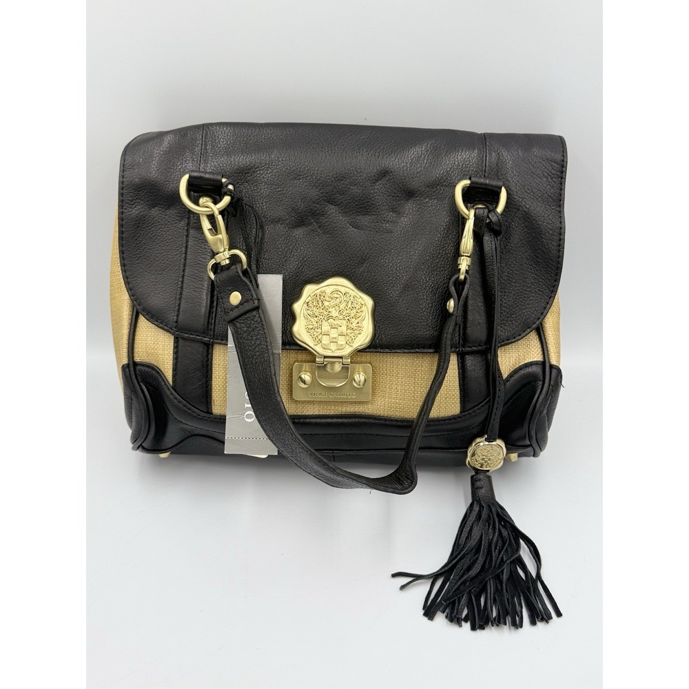 Vince Camuto Gold Medallion Black Leather & Rattan Shoulder Bag Dust Bag NWT